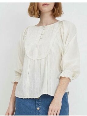 Apiece Apart Cala Blouse Puff 3/4 Sleeve. Pintuck Bib Neck. Boho. Size 2. Cotton